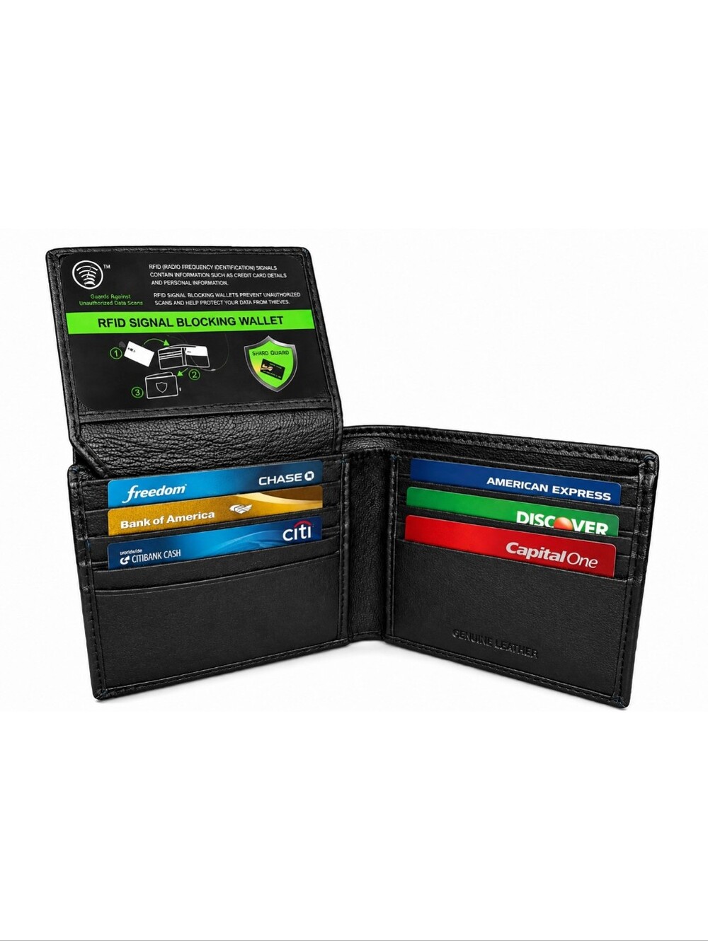 Genuine Leather Classic Mens Bifold Black Wallet RFID Blocking Security